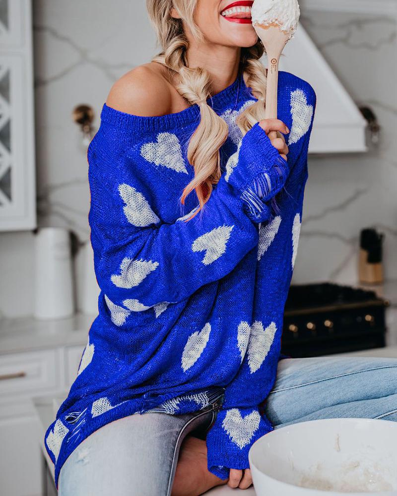 Heart Pattern Print Ripped Boat Neck Sweater-Pinkami