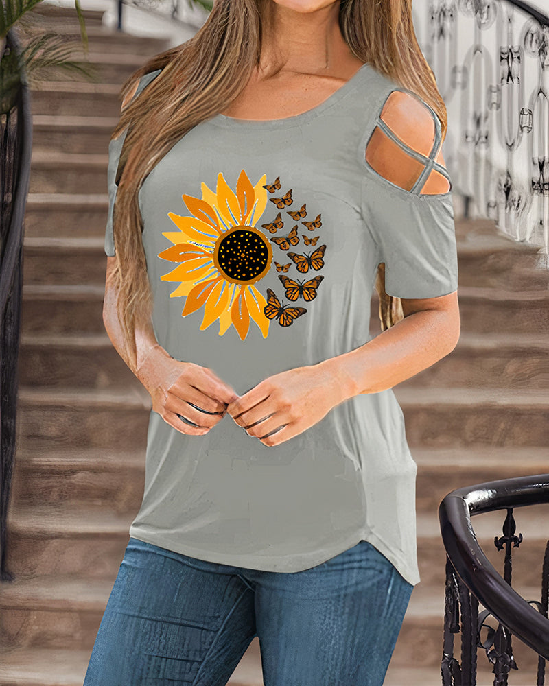 Sunflower Print Cut Out T-Shirt-Pinkami
