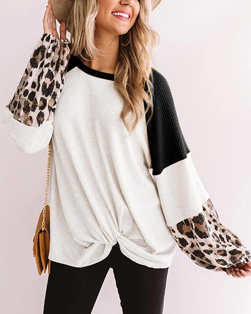 Cheetah Panel Colorblock Twist Front Drop Bishop Sleeve Sweater-Pinkami