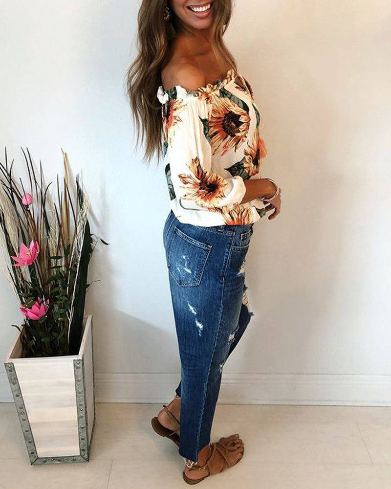 Floral Tassel Decor Tie Front Off Shoulder T-Shirt-Pinkami