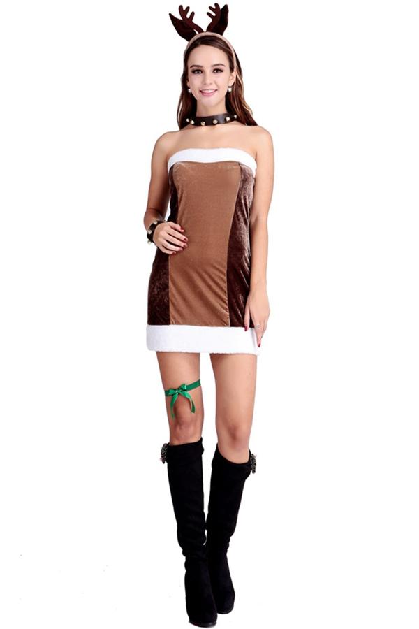 Womens Pretty Off Shoulder Reindeer Christmas Costume Chestnut-Pinkami