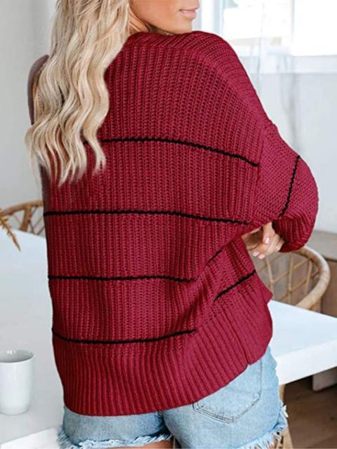 Striped Long Sleeve Loose Sweater Cardigan-Pinkami