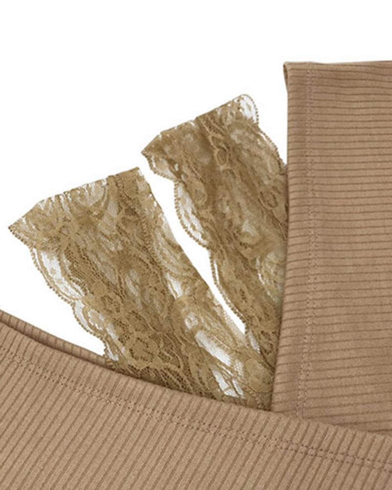 Contrast Lace Cold Shoulder Overlap Rib Knit Sweater-Pinkami