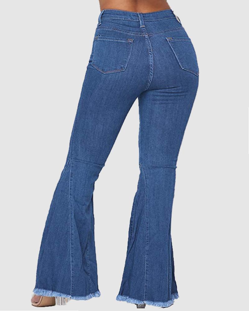 Women High Waist Raw Hem Button Front Flare Jeans-Pinkami