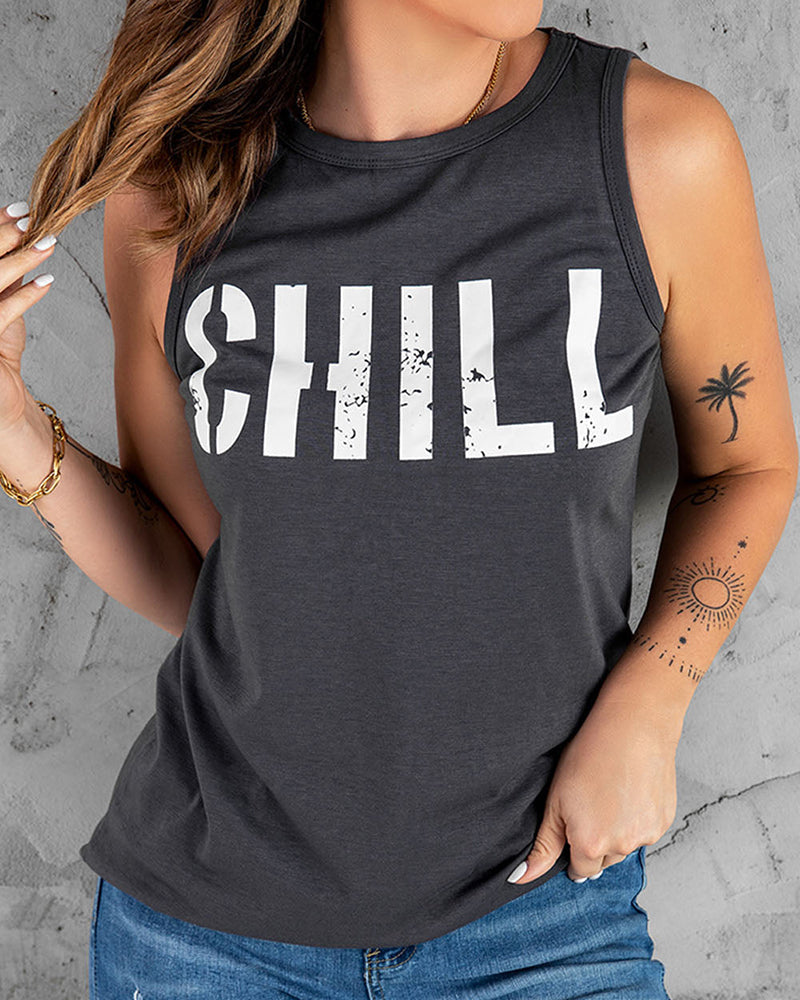 Letter Print Round Neck Tank Top-Pinkami