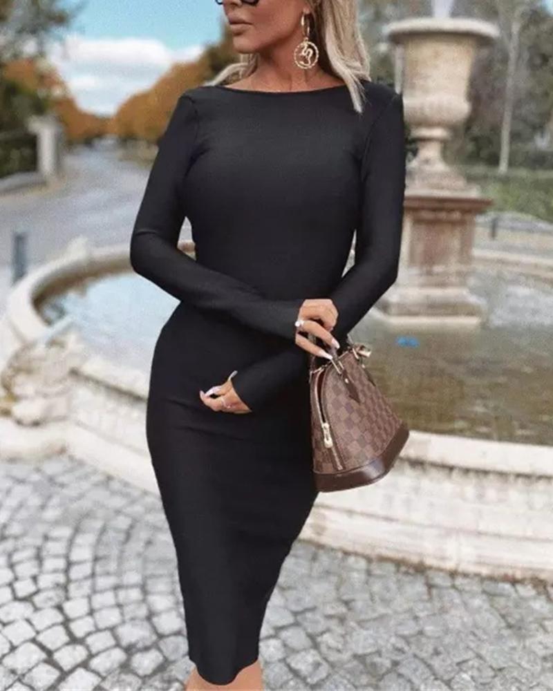 Solid Zip Back Split Hem Boat Neck Midi Dress