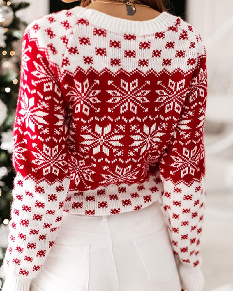 Snowflake Print Rib-Knit Round Neck Sweater-Pinkami