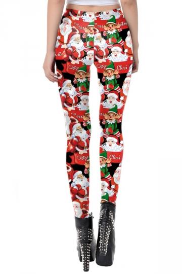 Santa And Elf Christmas Leggings Dark Red-Pinkami
