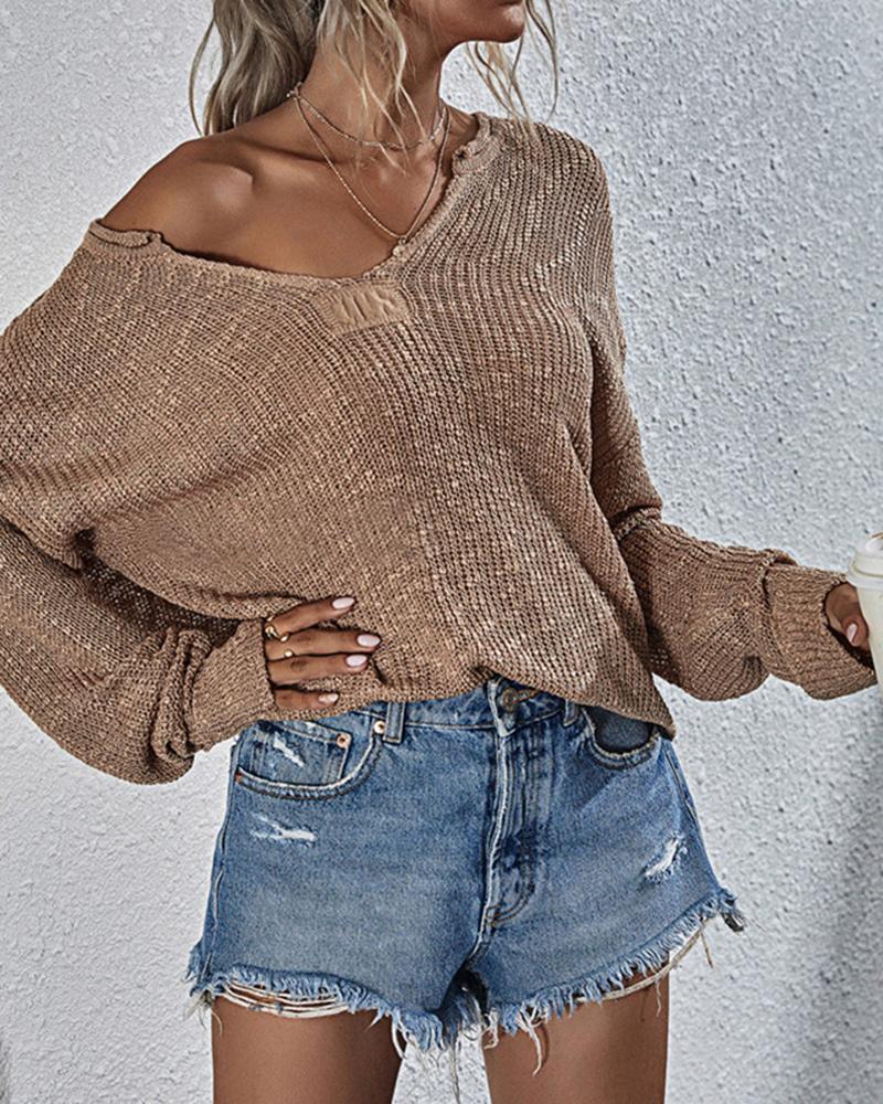 Chunky Knit V Neck Long Sleeve Sweater-Pinkami