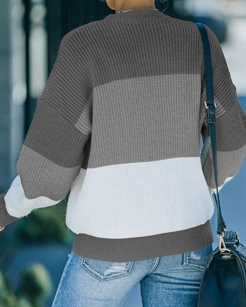 Colorblock Rib-Knit Round Neck Sweater-Pinkami