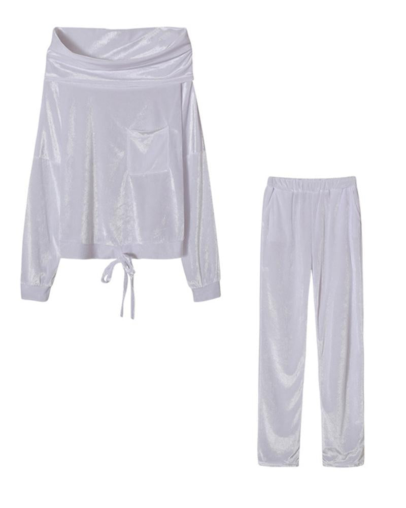 Solid Velvet Drawstring Boat Neck Top & Pants Set-Pinkami