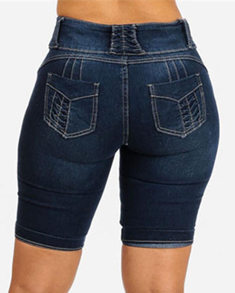 Women Solid Button Front Pocket Detail Demin Shorts-Pinkami