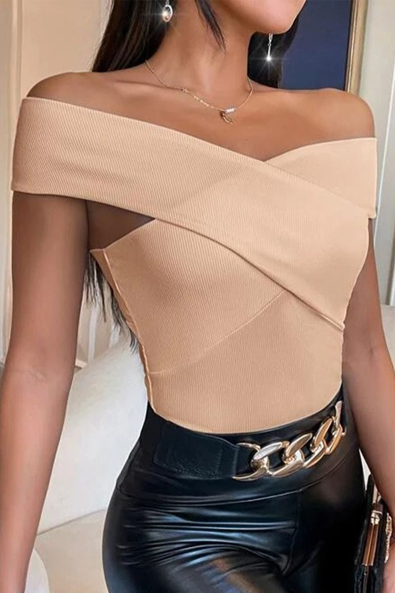 Solid Ribbed Criss Cross Off Shoulder T-Shirt-Pinkami