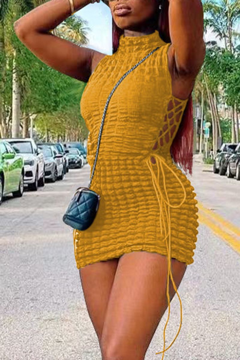 Smocked Lace Up Side Bodycon Dress