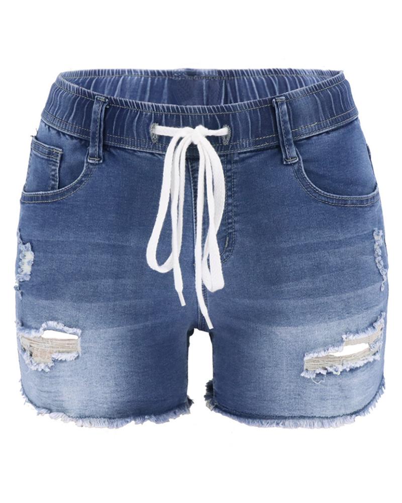 Women Drawstring Raw Edge High Waist Denim Short-Pinkami