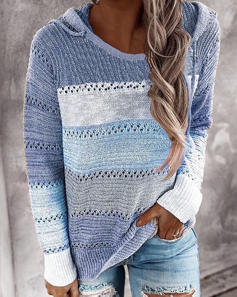 Colorblock Drawstring Pointelle Knit Hooded Sweater-Pinkami