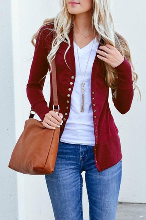 Design V-neck Long-sleeved Button Cardigan-Pinkami