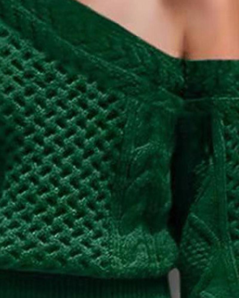 Solid Mixed Knit Lantern Sleeve Asymmetrical Neck Sweater-Pinkami