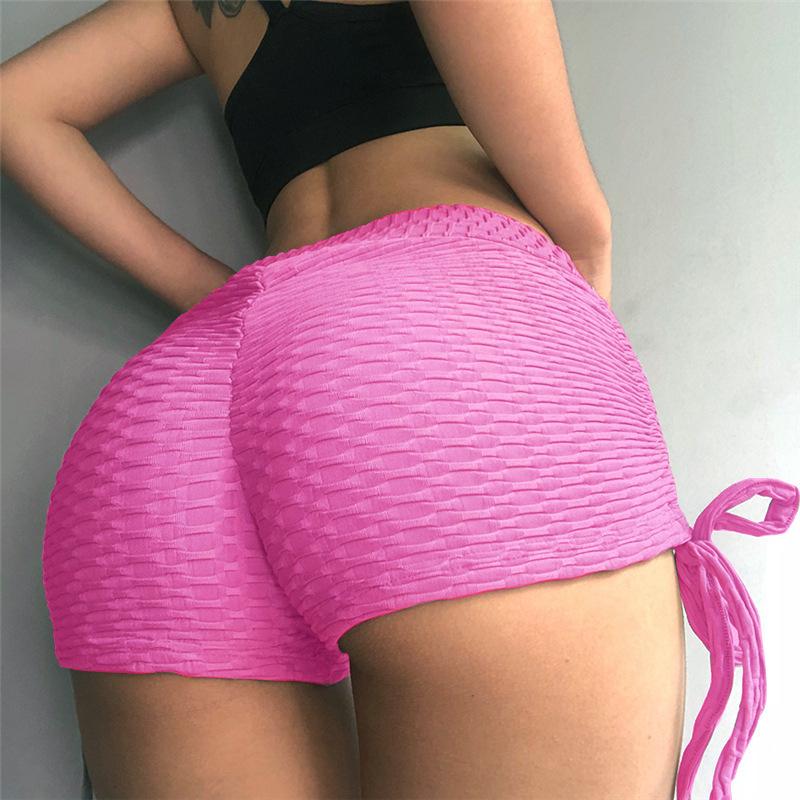 Solid Textured Tie Side Butt Lifting Shorts-Pinkami