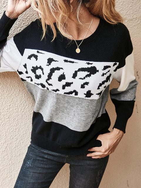 Color Block Leopard Patchwork Sweater-Pinkami