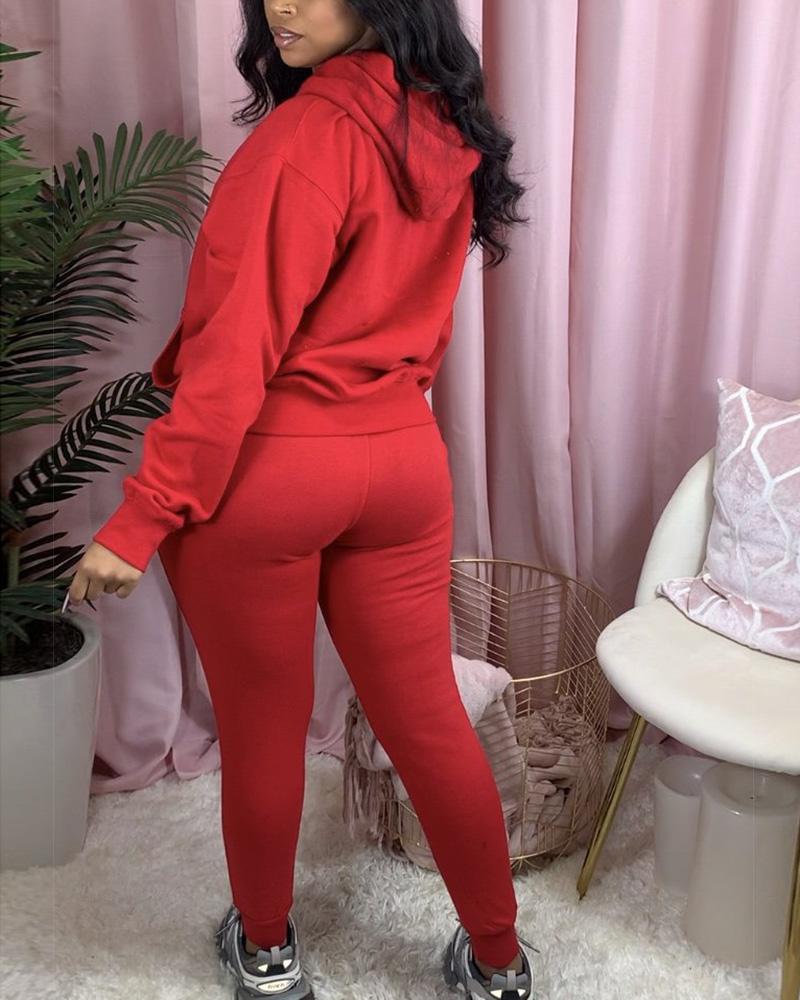 Solid Kangaroo Pocket Drawstring Hoodie & Pants Set-Pinkami