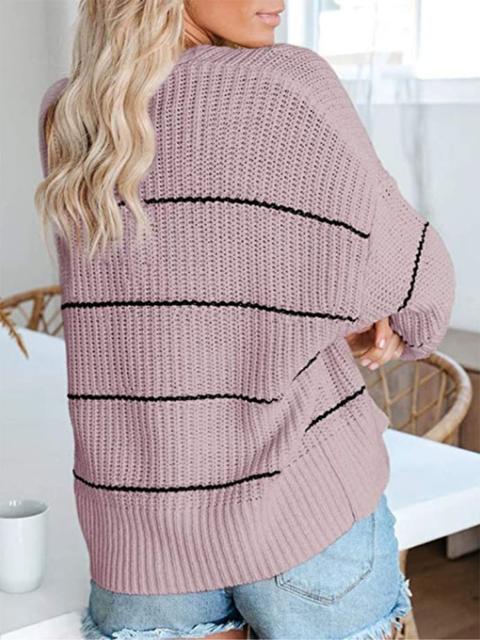 Striped Long Sleeve Loose Sweater Cardigan-Pinkami