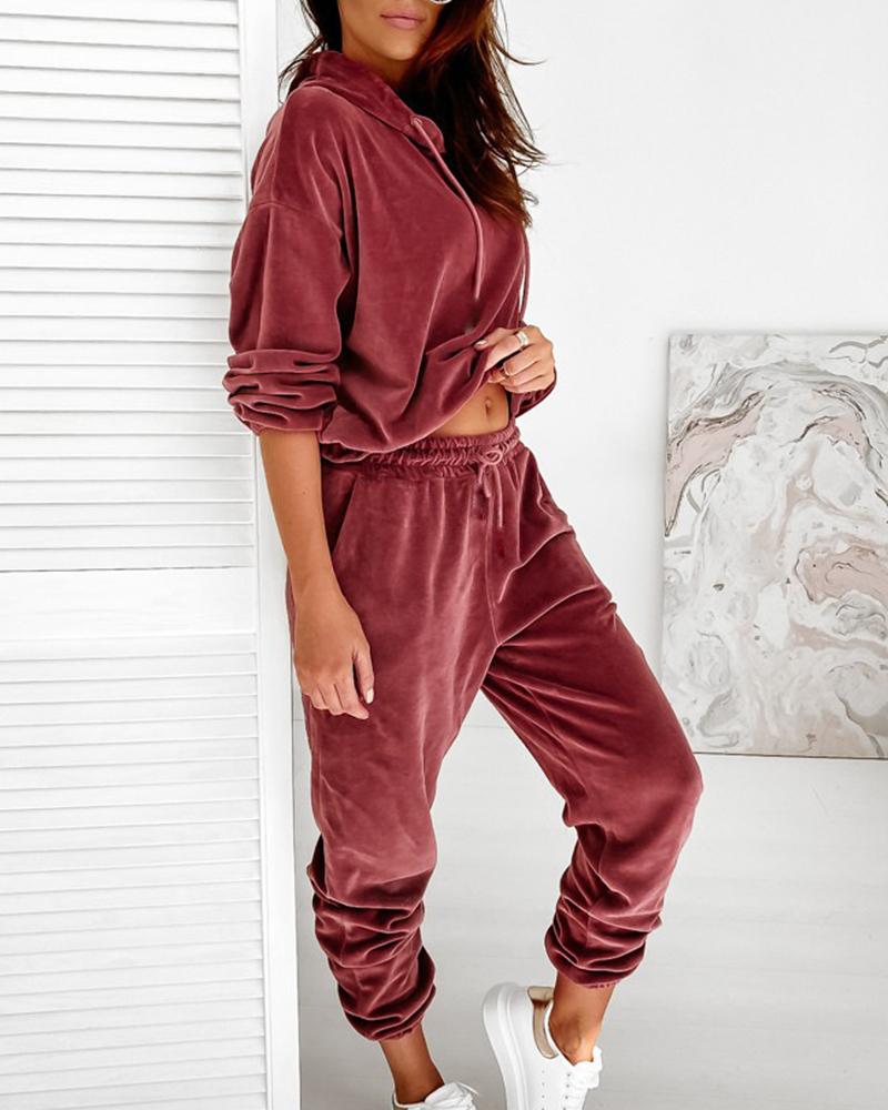 Solid Velvet Drawstring Detail Hoodie & Pants Set-Pinkami