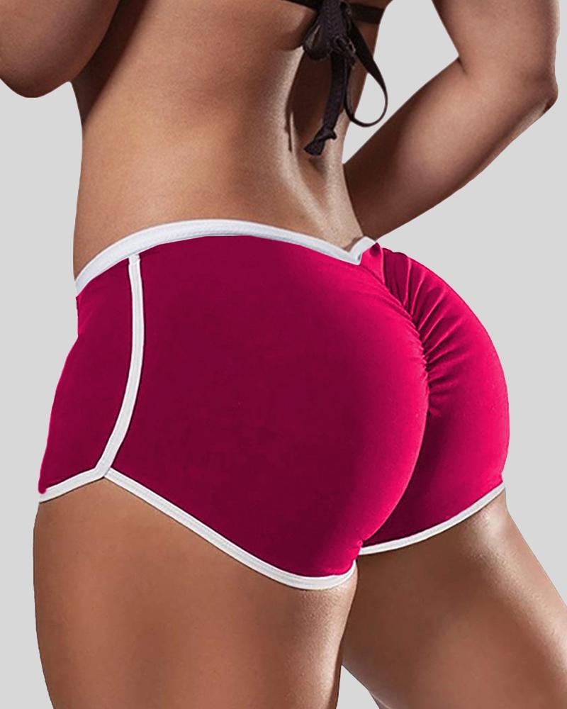 Solid Contrast Binding Ruched Shorts-Pinkami