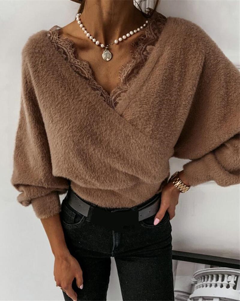 Solid Floral Lace Wrap Fuzzy Blouse-Pinkami