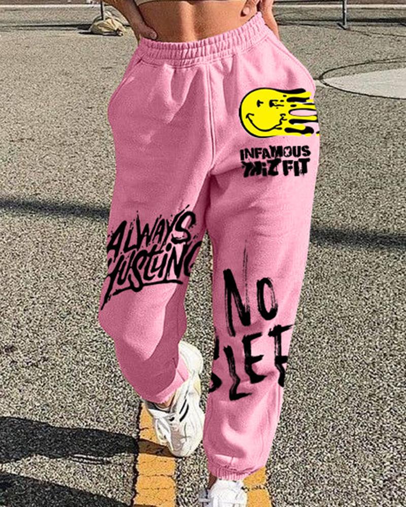 Letter Print Graphic Patch Pocket Decor Sports Pants For Women-Pinkami