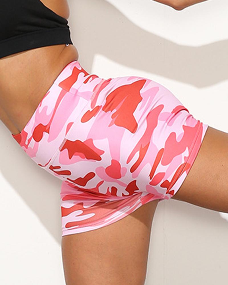 Camo Print Scrunch Butt Wide Waistband Sports Shorts-Pinkami