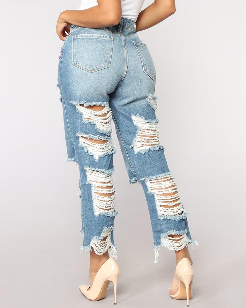 Women Ripped Distressed Straight Leg Crop Jeans-Pinkami
