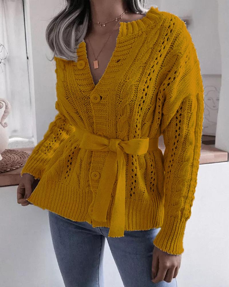 Solid Cable Knit Button Up Self-Tie Sweater-Pinkami