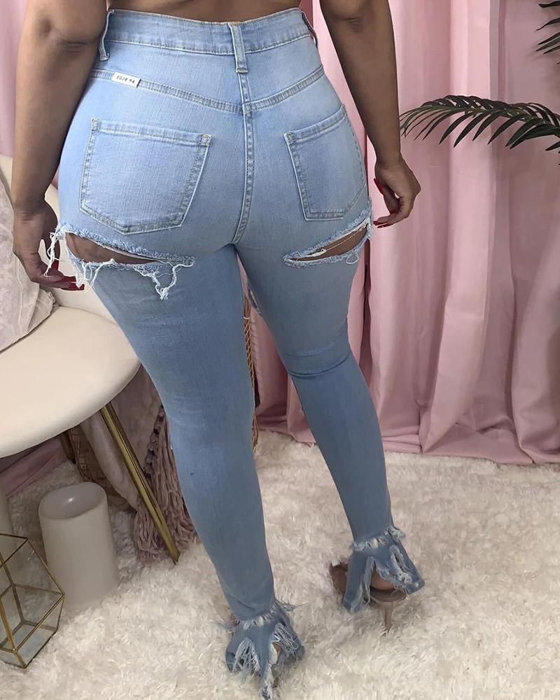 Women Plus Raw Hem Distressed Split Hem Skinny Jeans-Pinkami