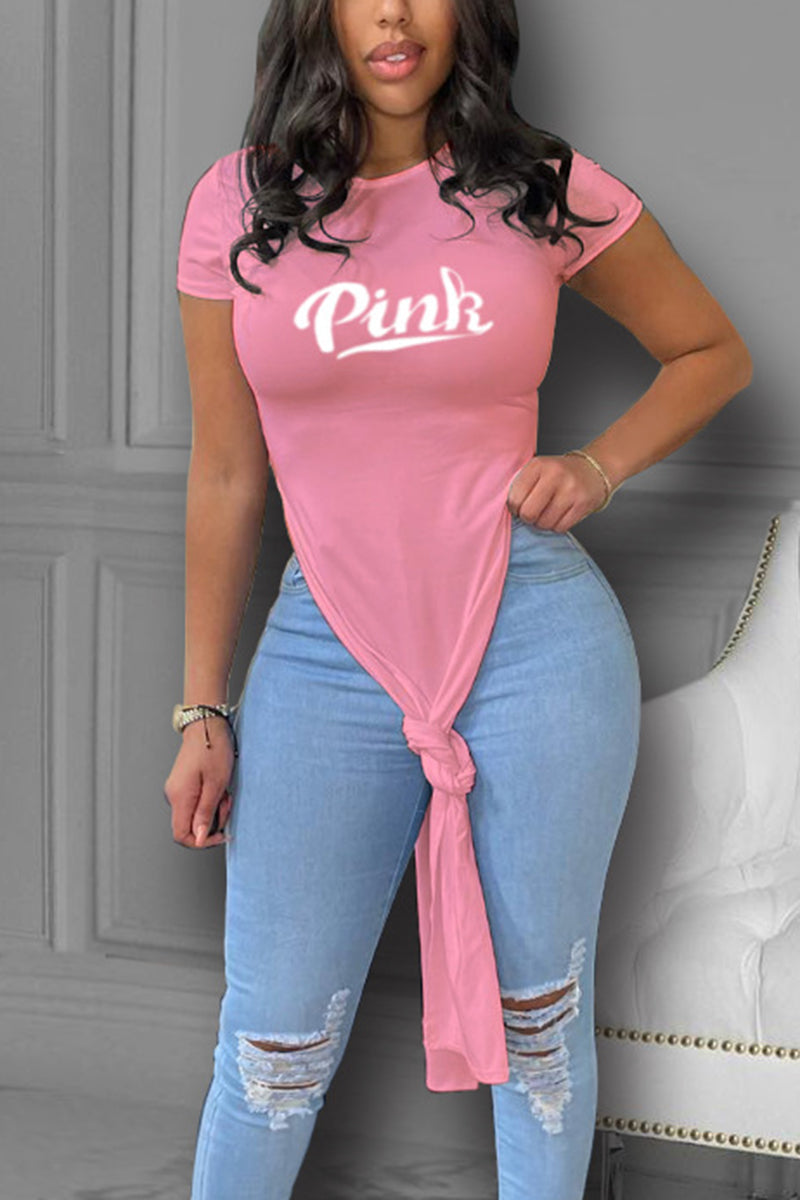 Letter Print Split Side Longline Top-Pinkami