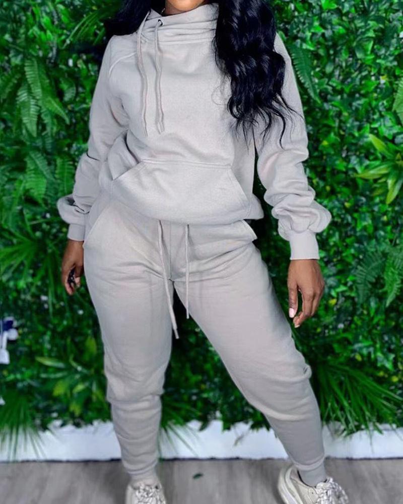 Solid Drawstring Detail Hoodie & Pants Set-Pinkami