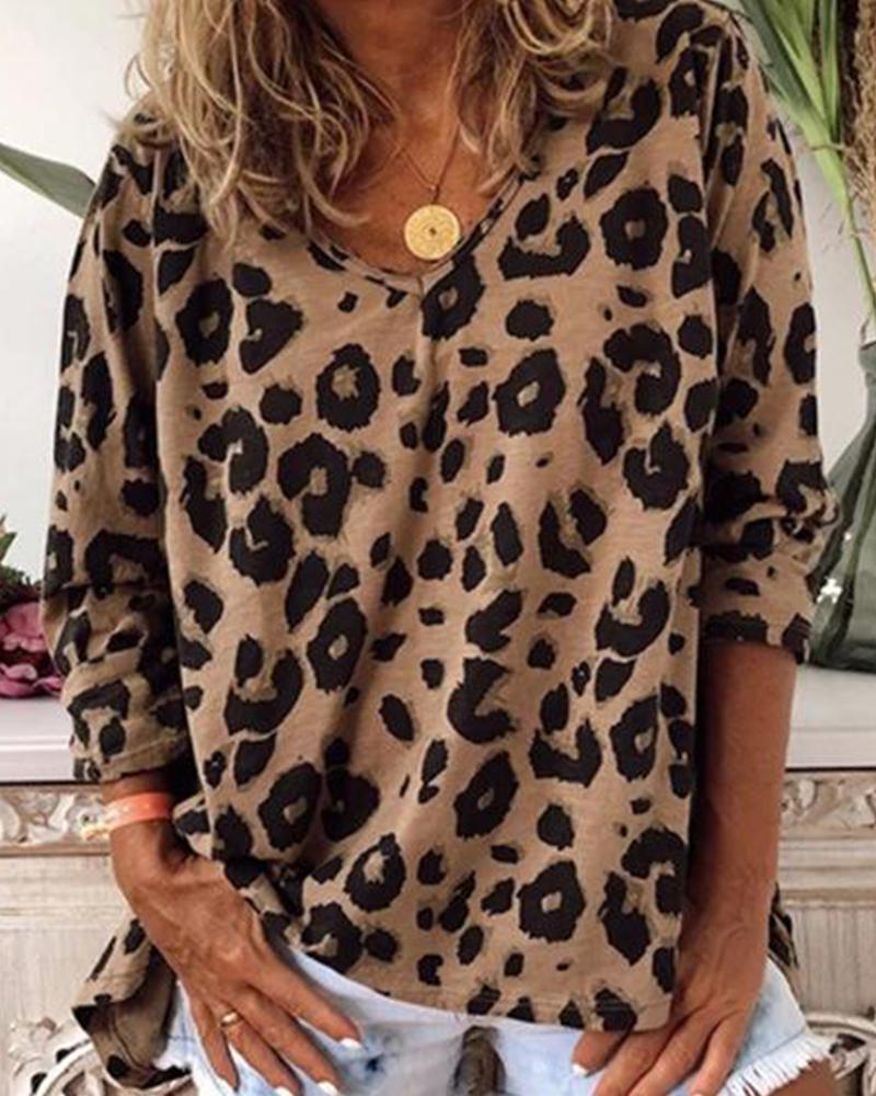 V Neck Leopard Print Loose Top-Pinkami