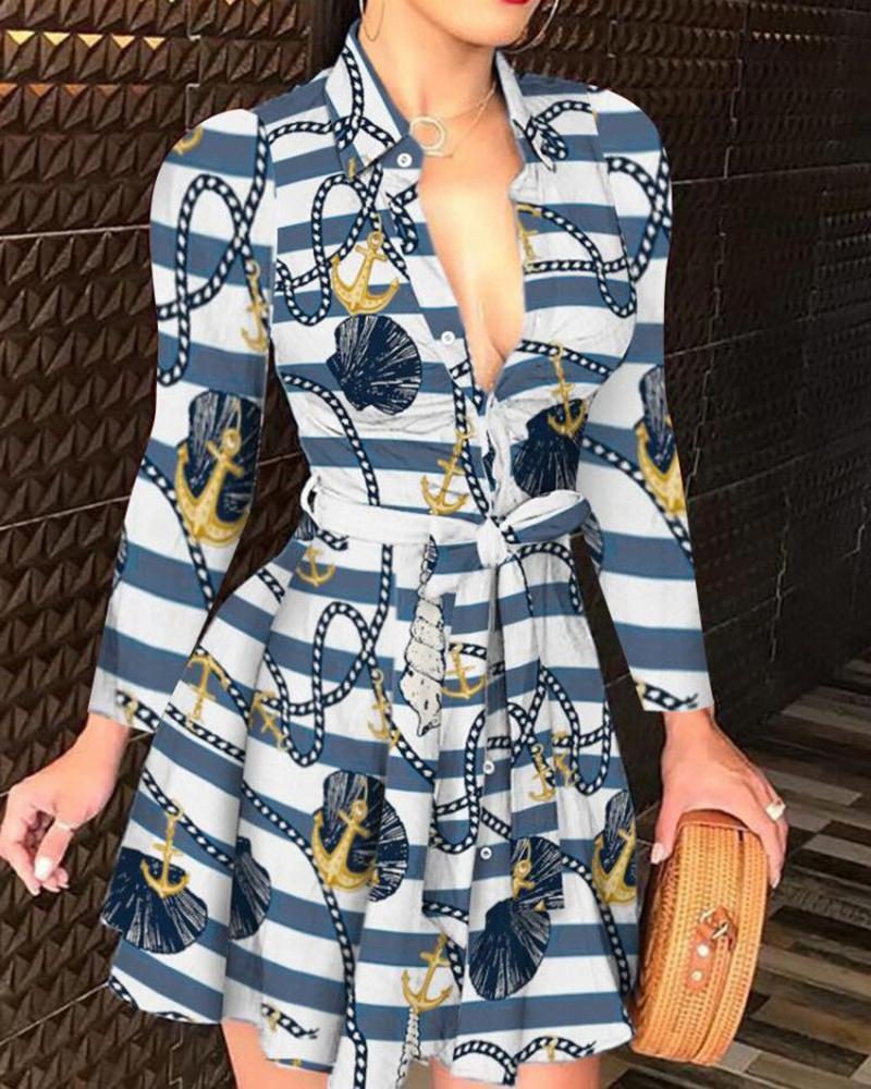 Mixed Print Buttoned Long Sleeve Ruffles Dress