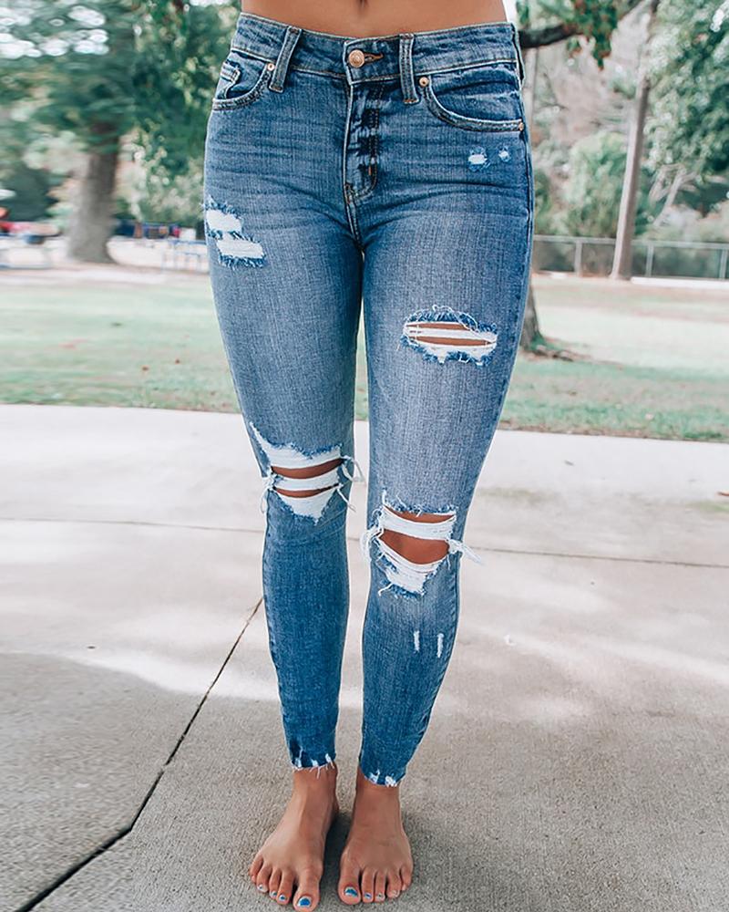 Women High Waist Ripped Skinny Jeans