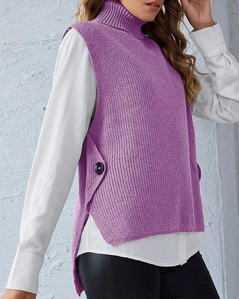 Ribbed Sleeveless High Low Button Detail Sweater-Pinkami