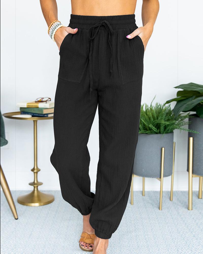 Solid Slant Pocket Drawstring Waist Joggers For Women-Pinkami