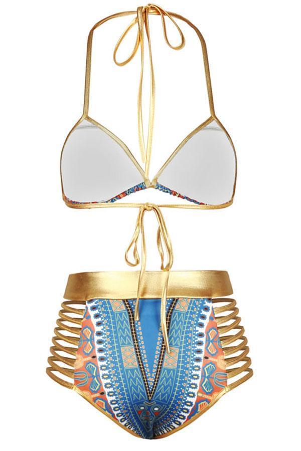 Light Blue African Tribal Print Halter High Waisted Sexy Bikini Swimsu
