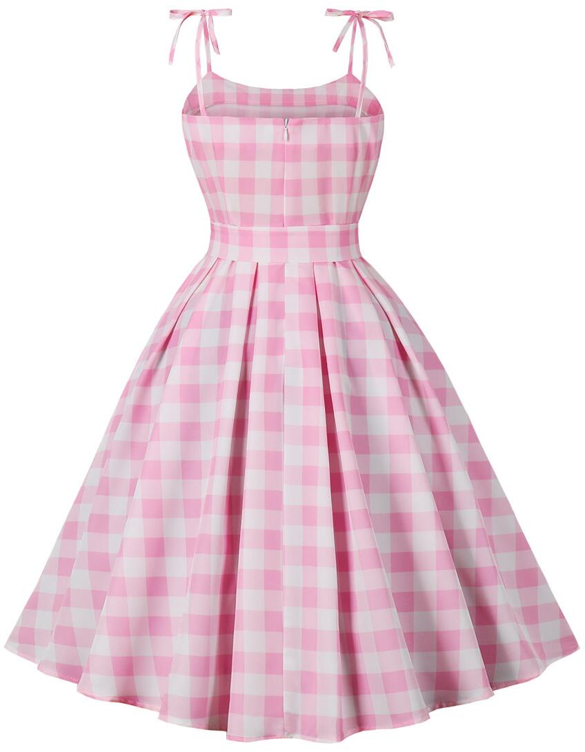 Barbie Pink Plaid Striped Skater Midi Dress