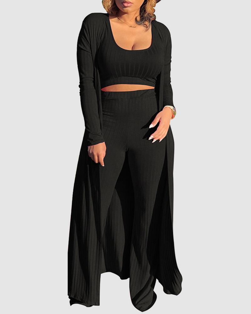 Solid Rib-Knit Crop Top & Pants Set With Coat-Pinkami