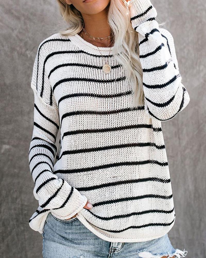 Striped Round Neck Drop Shoulder Sweater-Pinkami