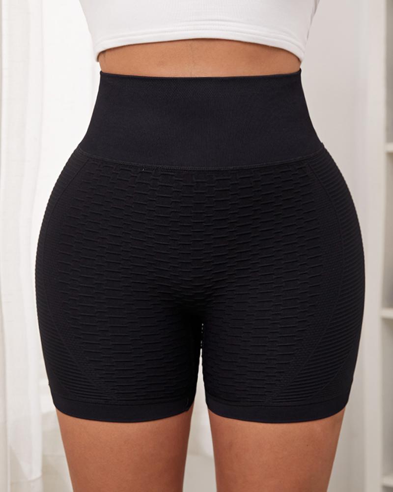 Solid Textured Wide Waistband High Waist Sports Shorts-Pinkami