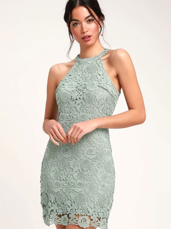 Stretch Lace Elegant Jewel Neck Sleeveless Party Dress