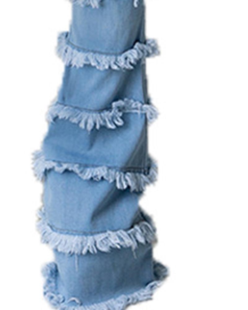 Women Ripped Raw Edge Layer Trim High Waist Flare Jeans-Pinkami