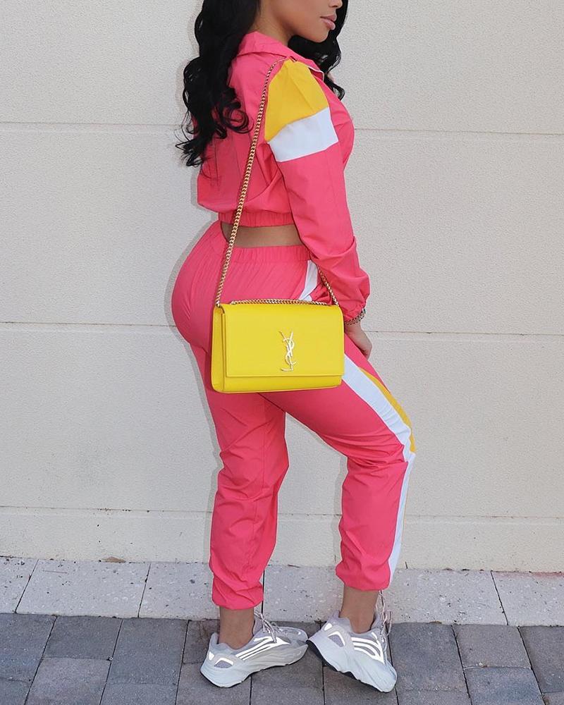 Colorblock Pocket Detail Zip Front Top & Pants Set-Pinkami