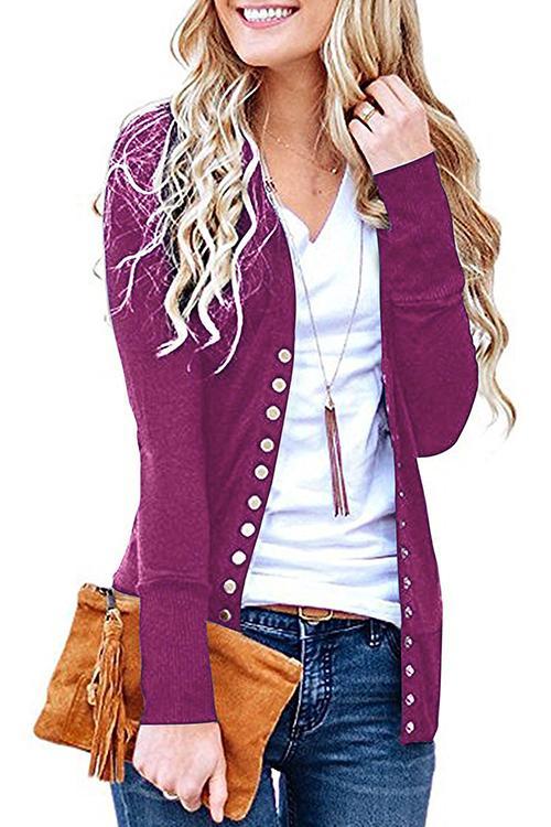Design V-neck Long-sleeved Button Cardigan-Pinkami